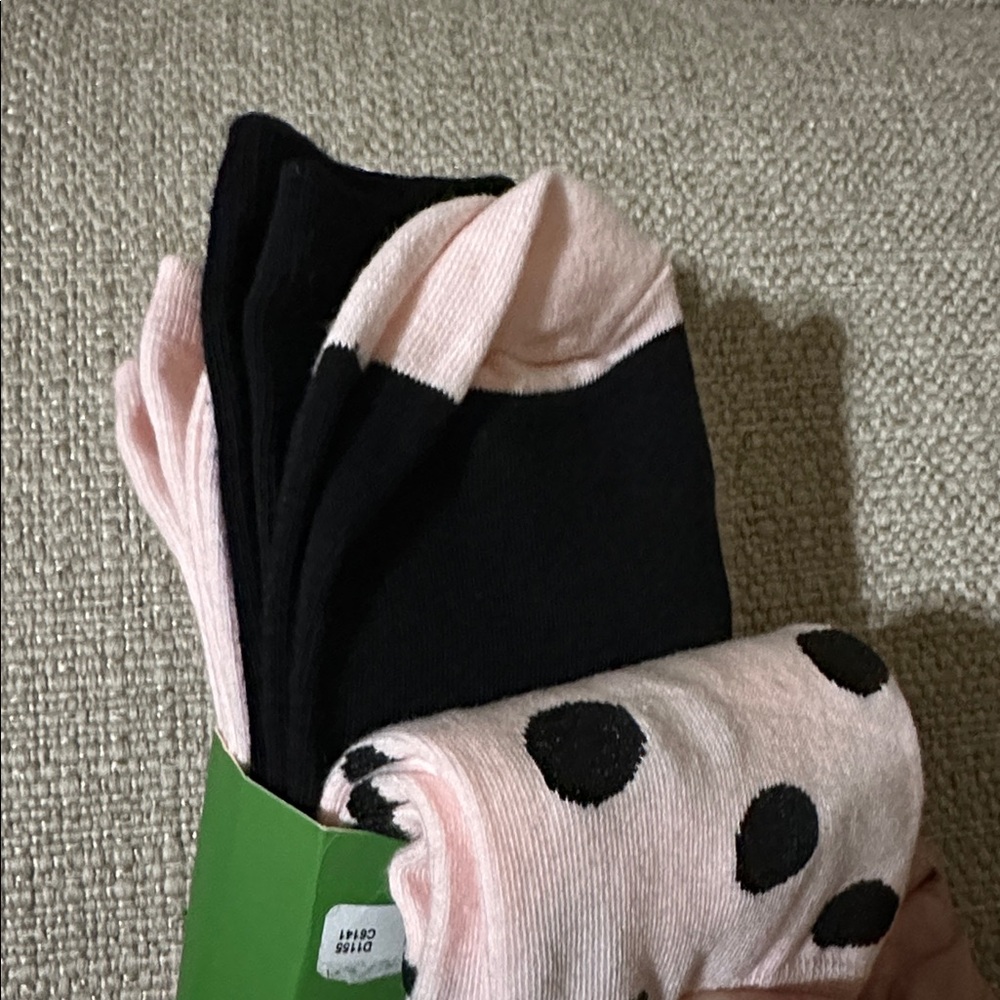 Kate Spade 3 Pack Crew Socks w/Dog Design, Pink Polka Dot & Black with Spades - Picture 3 of 6